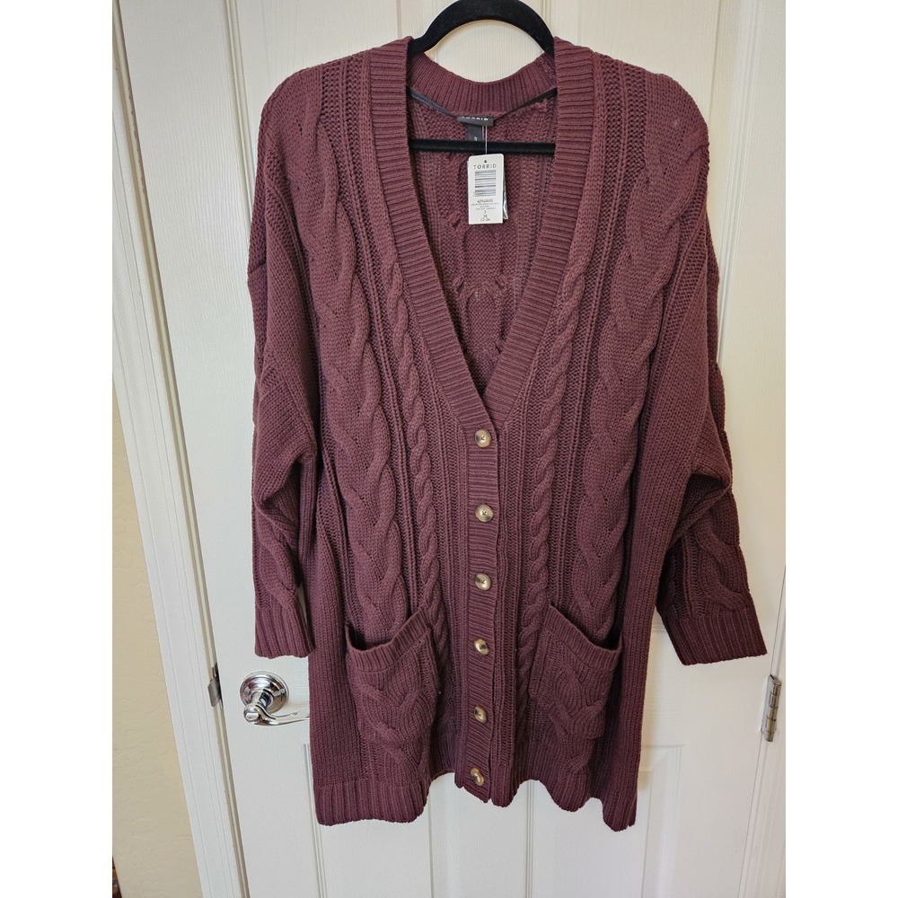 NWT Torrid Cable Knit Maroon Boyfriend Button-Down V-Neck Cardigan Sweater, 3X